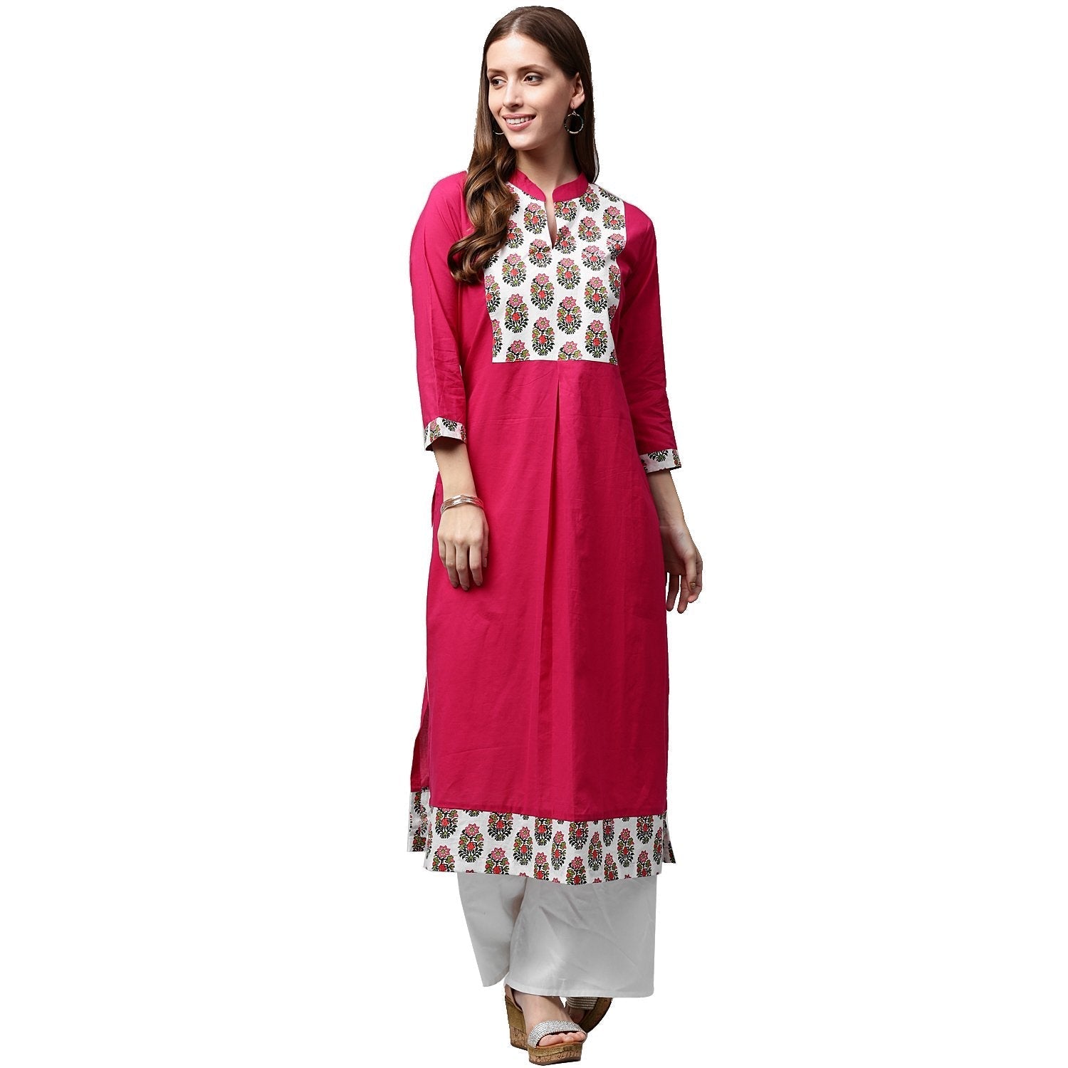 Pink Printed 3/4Th Sleeve Cotton Kurta | LASVINI - Redefining Indian Fashion with Elegance