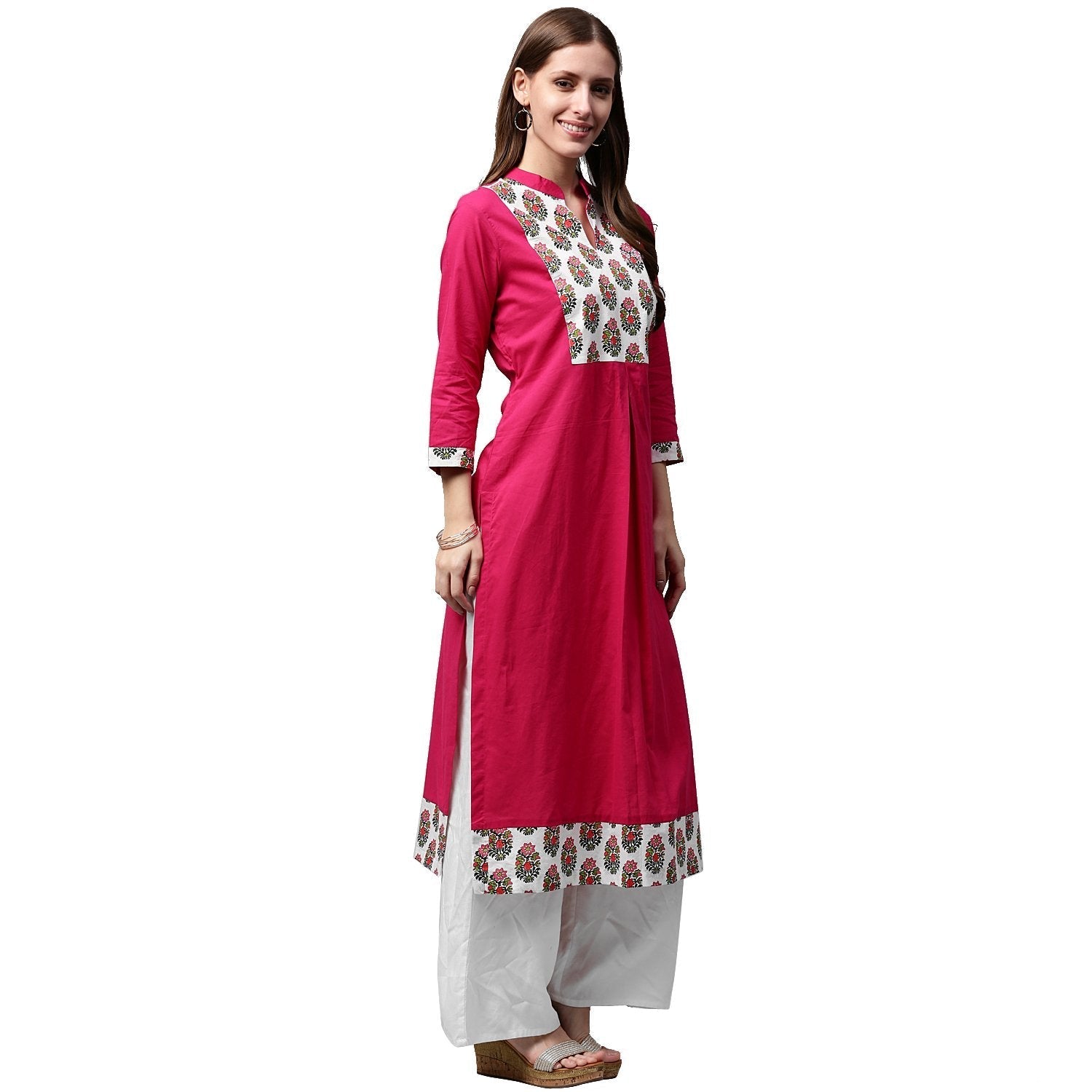 Pink Printed 3/4Th Sleeve Cotton Kurta | LASVINI - Redefining Indian Fashion with Elegance