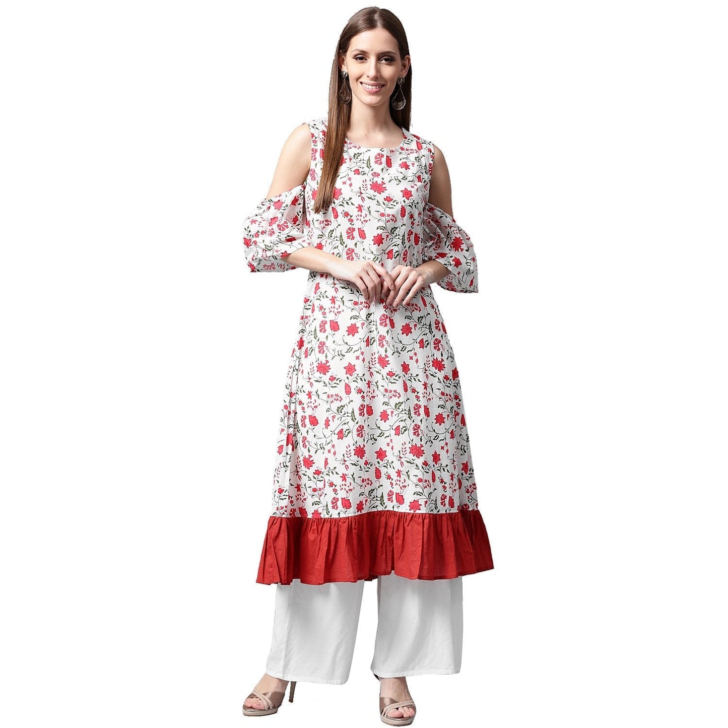 White Flower Printed Half Sleeve Cold Shoulder Cotton A-Line Kurta | LASVINI - Redefining Indian Fashion with Elegance