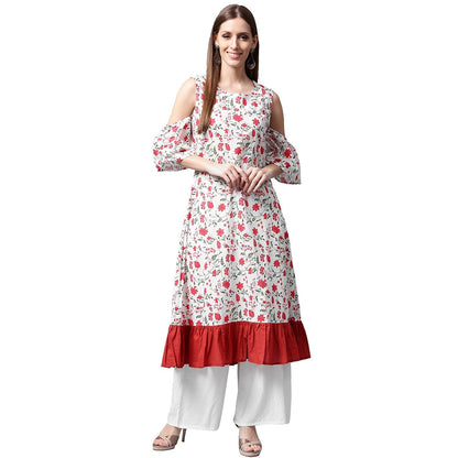 White Flower Printed Half Sleeve Cold Shoulder Cotton A-Line Kurta | LASVINI - Redefining Indian Fashion with Elegance