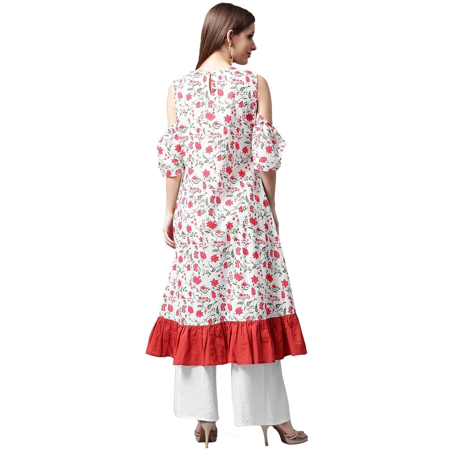 White Flower Printed Half Sleeve Cold Shoulder Cotton A-Line Kurta | LASVINI - Redefining Indian Fashion with Elegance