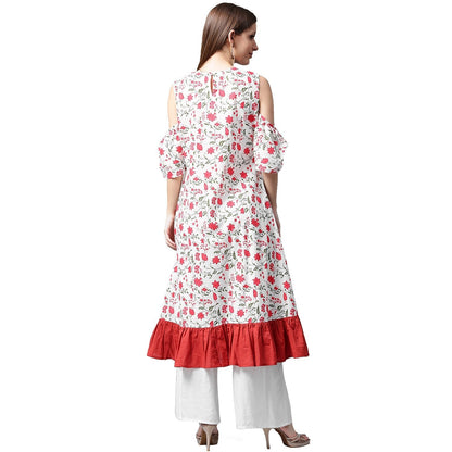 White Flower Printed Half Sleeve Cold Shoulder Cotton A-Line Kurta | LASVINI - Redefining Indian Fashion with Elegance