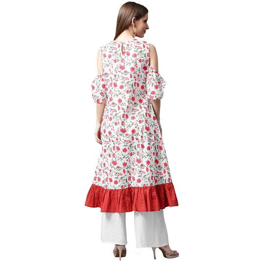 White Flower Printed Half Sleeve Cold Shoulder Cotton A-Line Kurta | LASVINI - Redefining Indian Fashion with Elegance