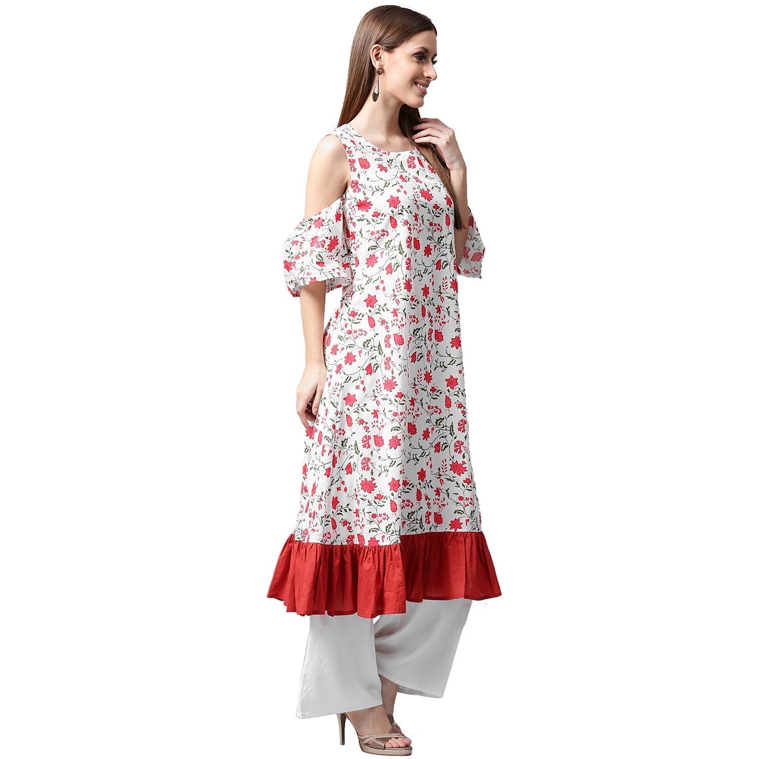 White Flower Printed Half Sleeve Cold Shoulder Cotton A-Line Kurta | LASVINI - Redefining Indian Fashion with Elegance