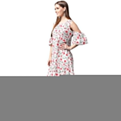 White Flower Printed Half Sleeve Cold Shoulder Cotton A-Line Kurta | LASVINI - Redefining Indian Fashion with Elegance
