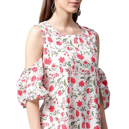 White Flower Printed Half Sleeve Cold Shoulder Cotton A-Line Kurta | LASVINI - Redefining Indian Fashion with Elegance