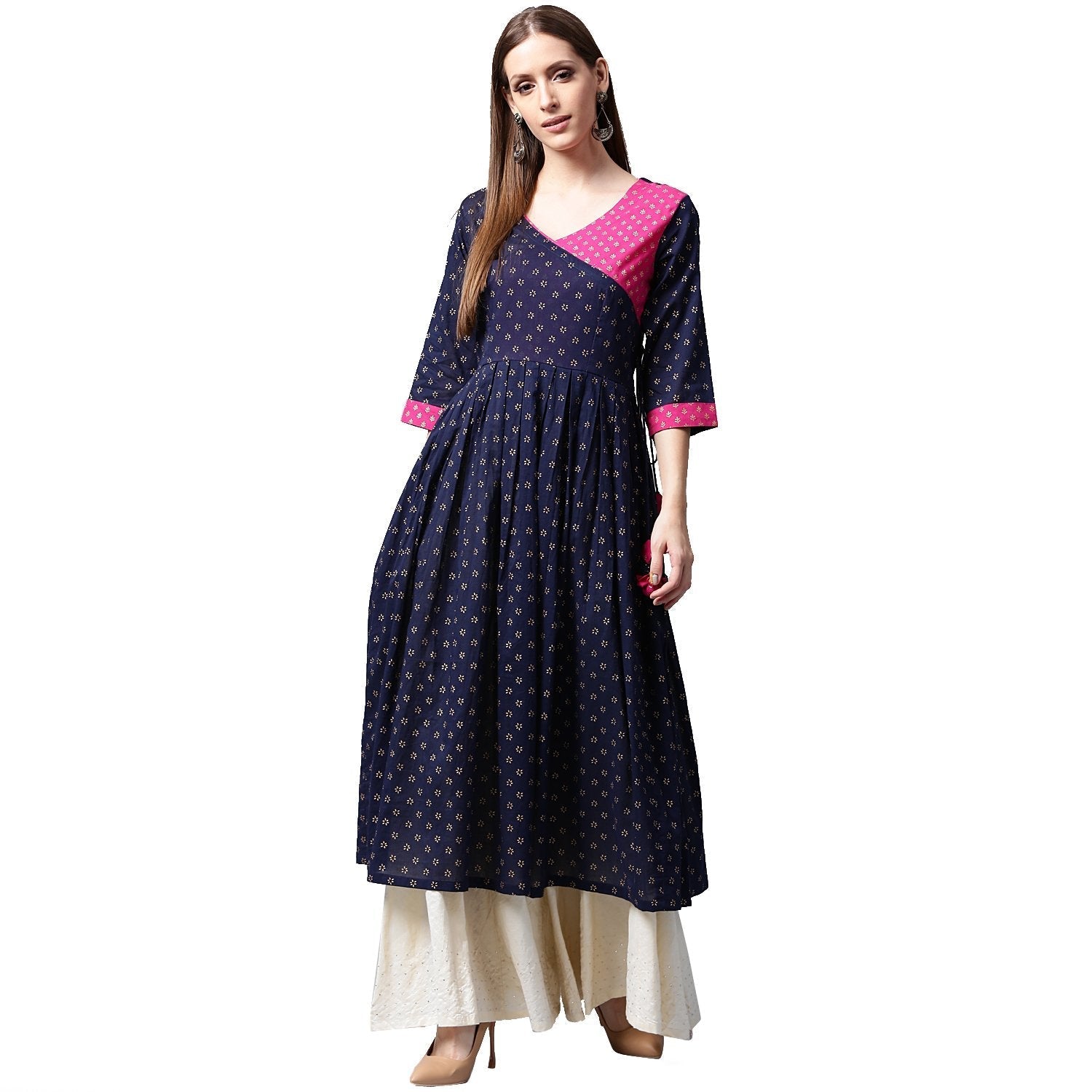 Navy Blue Printed 3/4Th Sleeve Cotton Anghrakha Style Anarkali Kurta | LASVINI - Redefining Indian Fashion with Elegance
