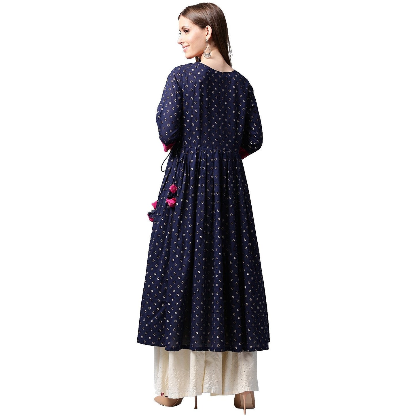Navy Blue Printed 3/4Th Sleeve Cotton Anghrakha Style Anarkali Kurta | LASVINI - Redefining Indian Fashion with Elegance