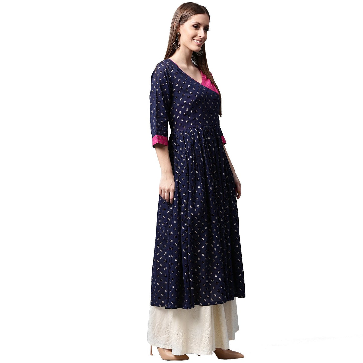 Navy Blue Printed 3/4Th Sleeve Cotton Anghrakha Style Anarkali Kurta | LASVINI - Redefining Indian Fashion with Elegance