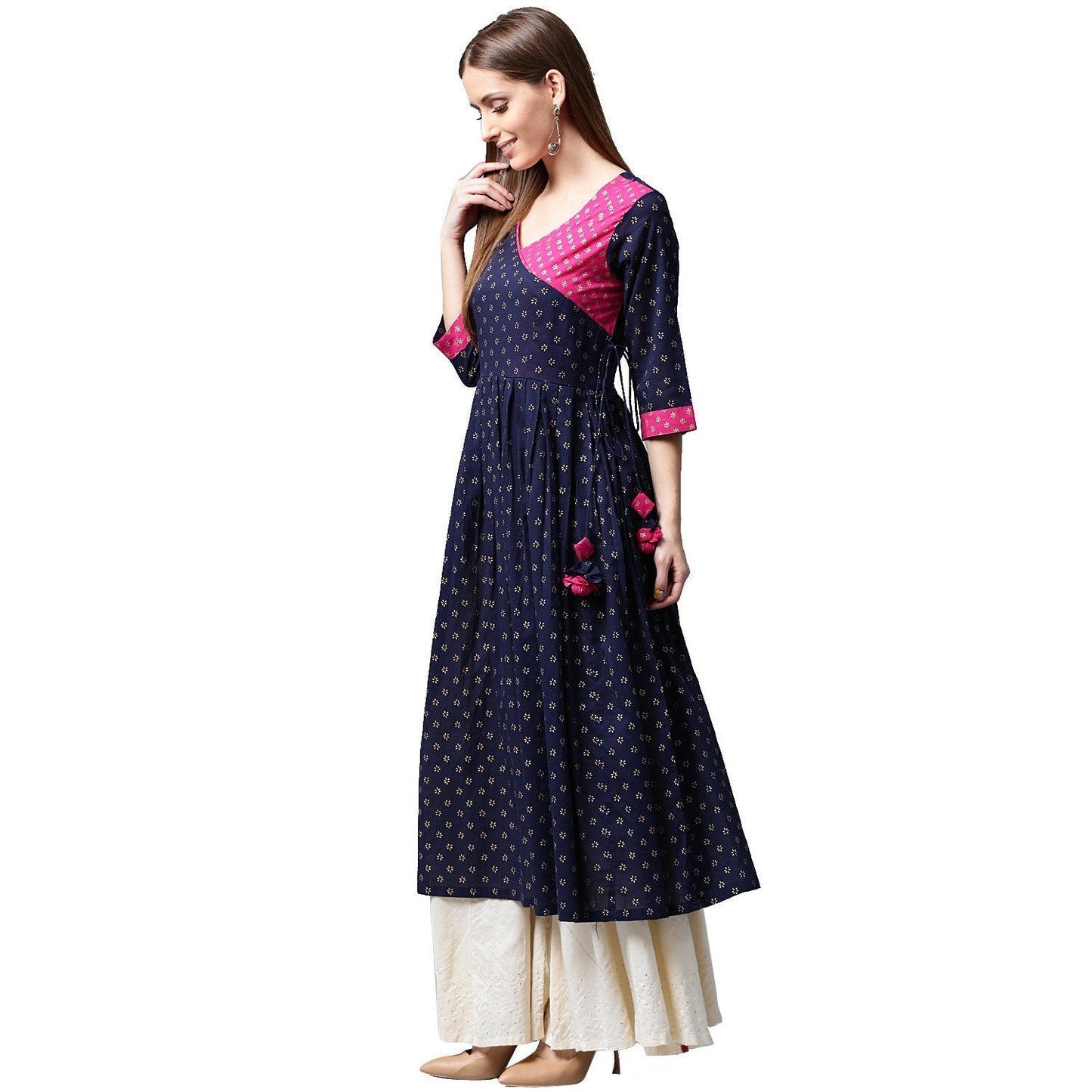Navy Blue Printed 3/4Th Sleeve Cotton Anghrakha Style Anarkali Kurta | LASVINI - Redefining Indian Fashion with Elegance