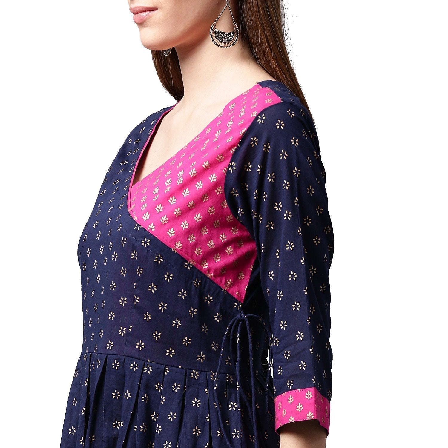 Navy Blue Printed 3/4Th Sleeve Cotton Anghrakha Style Anarkali Kurta | LASVINI - Redefining Indian Fashion with Elegance
