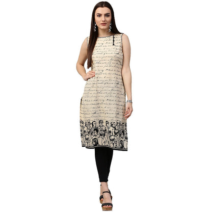 Off White Printed Sleeveless Cotton Kurta | LASVINI - Redefining Indian Fashion with Elegance