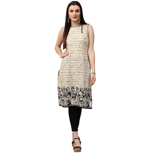 Off White Printed Sleeveless Cotton Kurta | LASVINI - Redefining Indian Fashion with Elegance