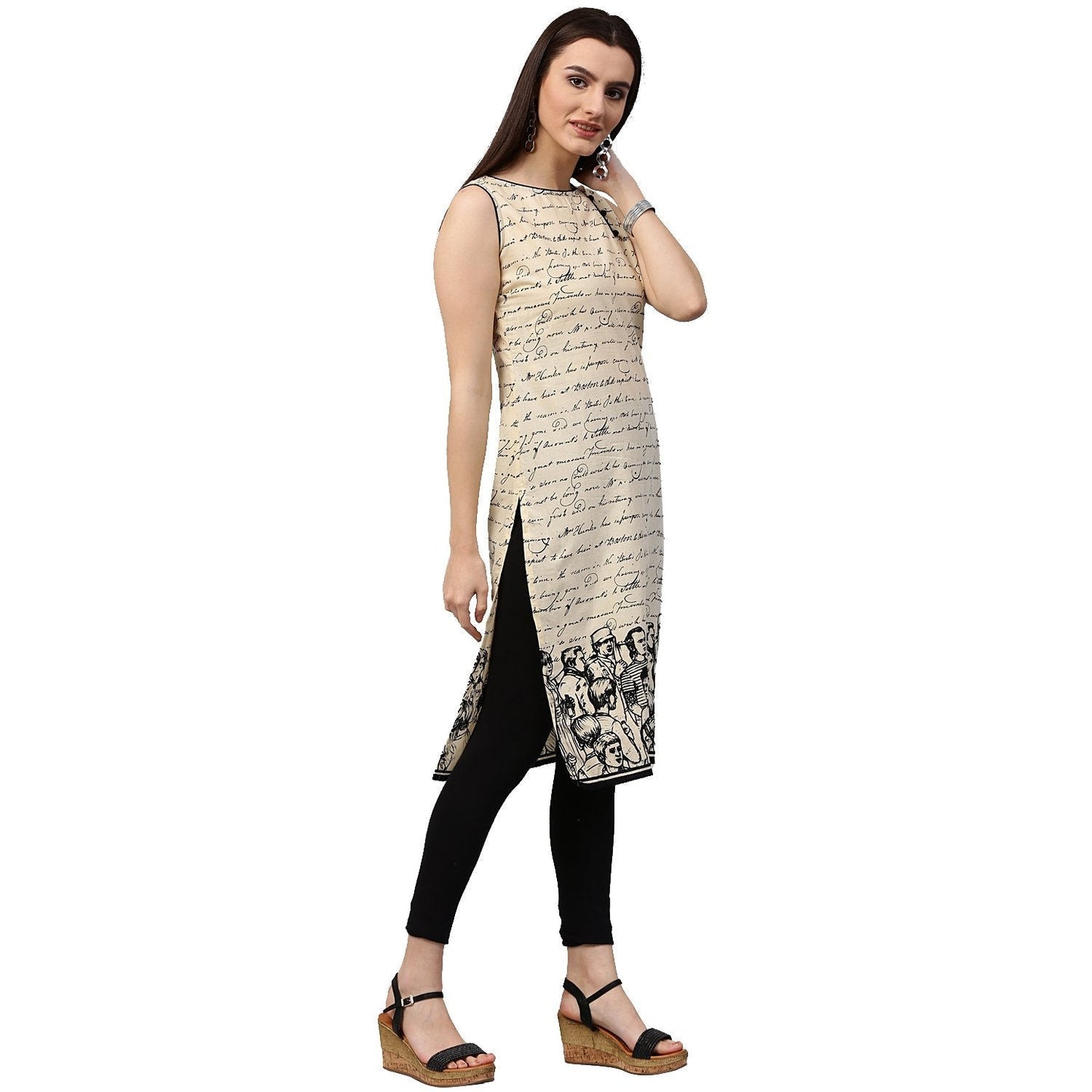 Off White Printed Sleeveless Cotton Kurta | LASVINI - Redefining Indian Fashion with Elegance