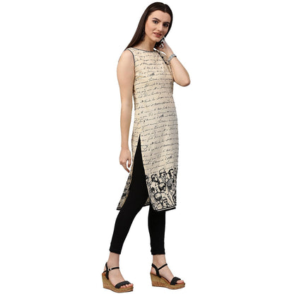 Off White Printed Sleeveless Cotton Kurta | LASVINI - Redefining Indian Fashion with Elegance