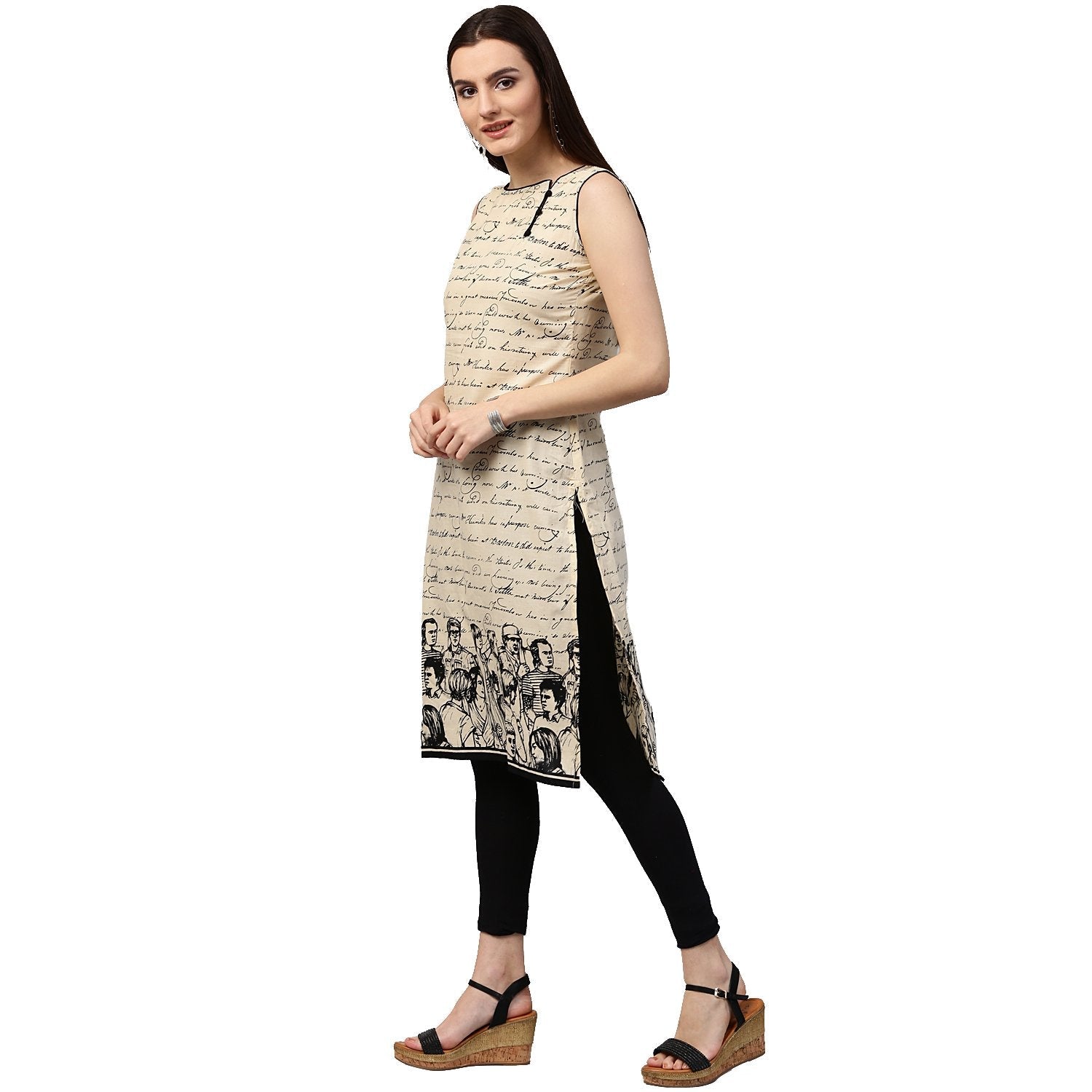 Off White Printed Sleeveless Cotton Kurta | LASVINI - Redefining Indian Fashion with Elegance