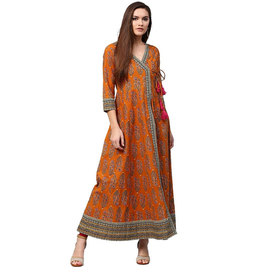 Mustard Printed 3/4Th Sleeve Cotton Angrakha Anarkali Kurta | LASVINI - Redefining Indian Fashion with Elegance