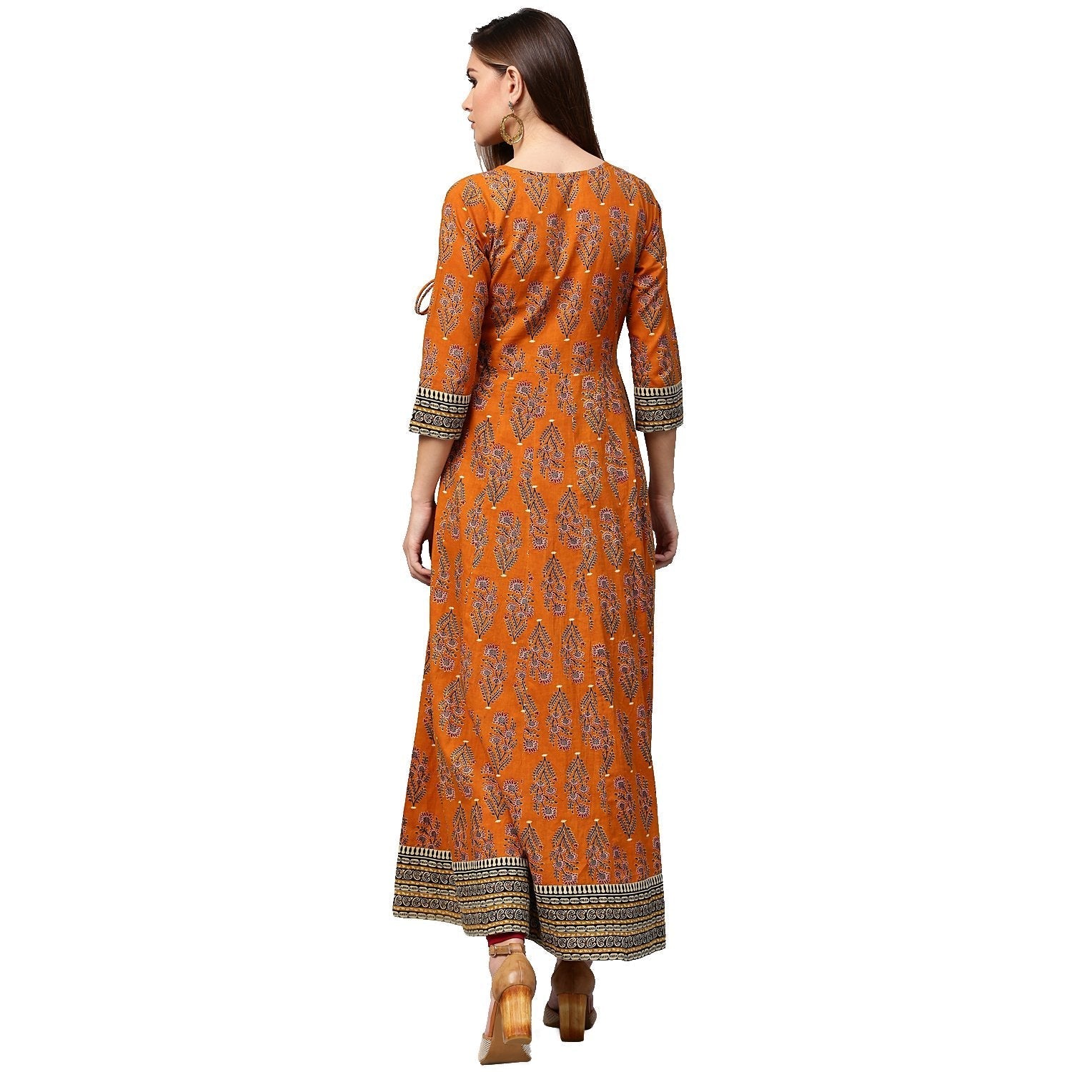 Mustard Printed 3/4Th Sleeve Cotton Angrakha Anarkali Kurta | LASVINI - Redefining Indian Fashion with Elegance