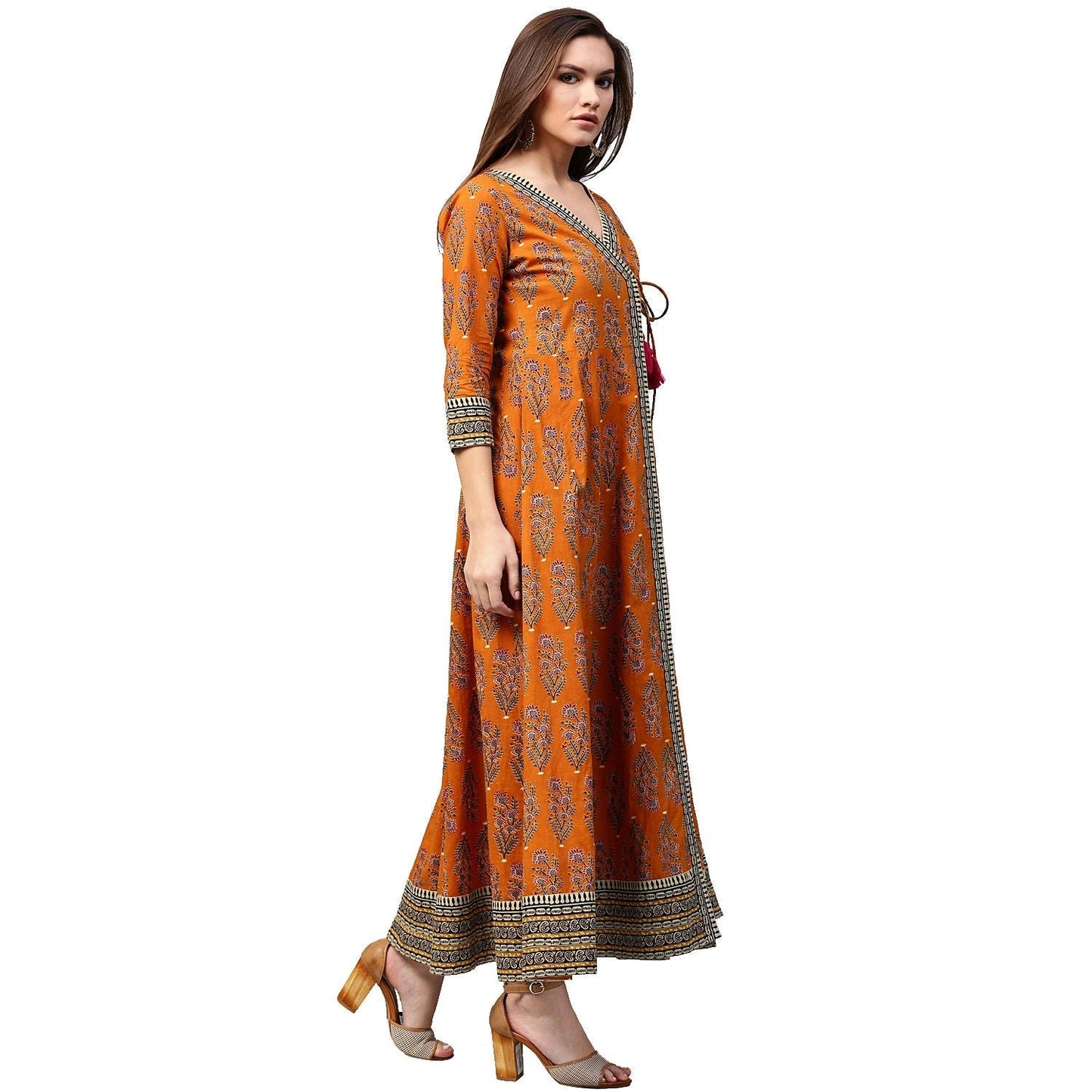 Mustard Printed 3/4Th Sleeve Cotton Angrakha Anarkali Kurta | LASVINI - Redefining Indian Fashion with Elegance