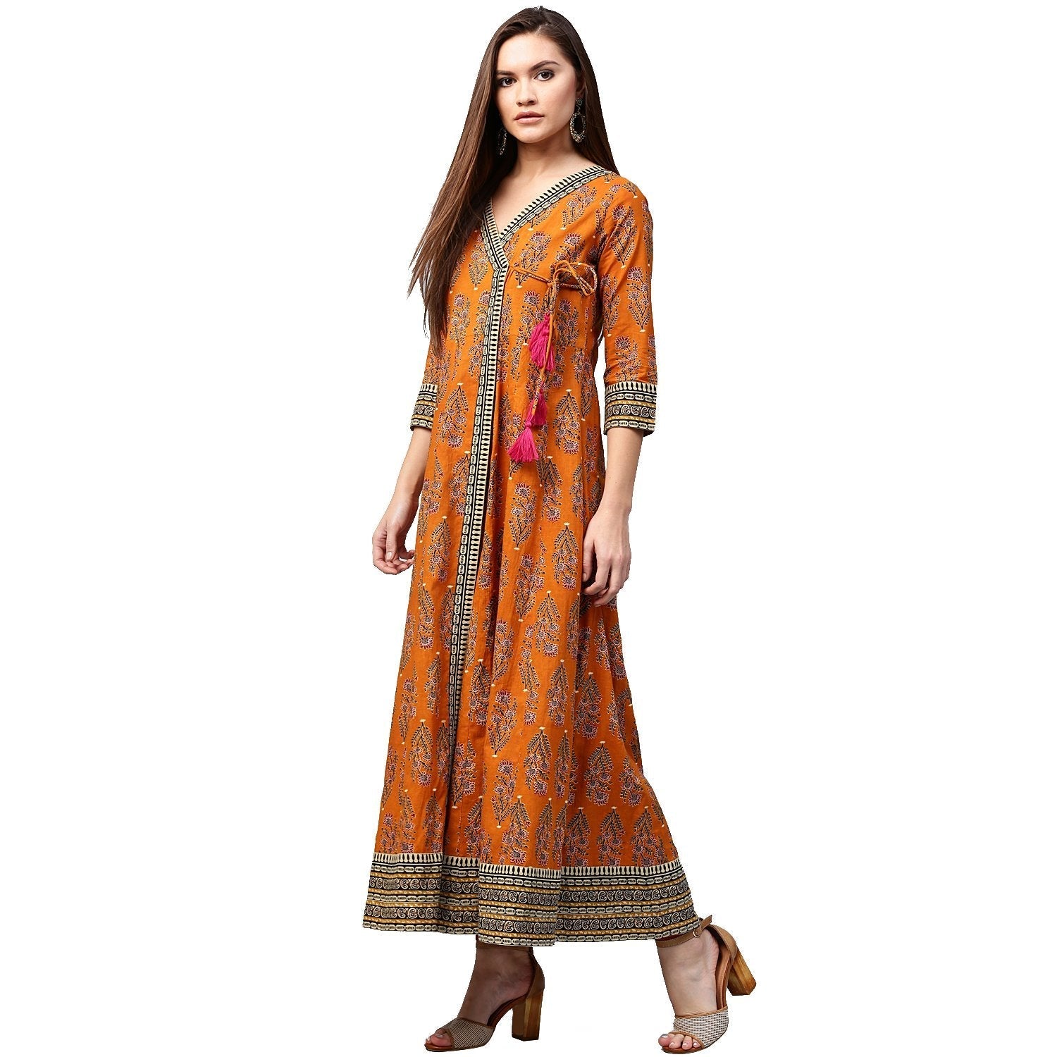 Mustard Printed 3/4Th Sleeve Cotton Angrakha Anarkali Kurta | LASVINI - Redefining Indian Fashion with Elegance