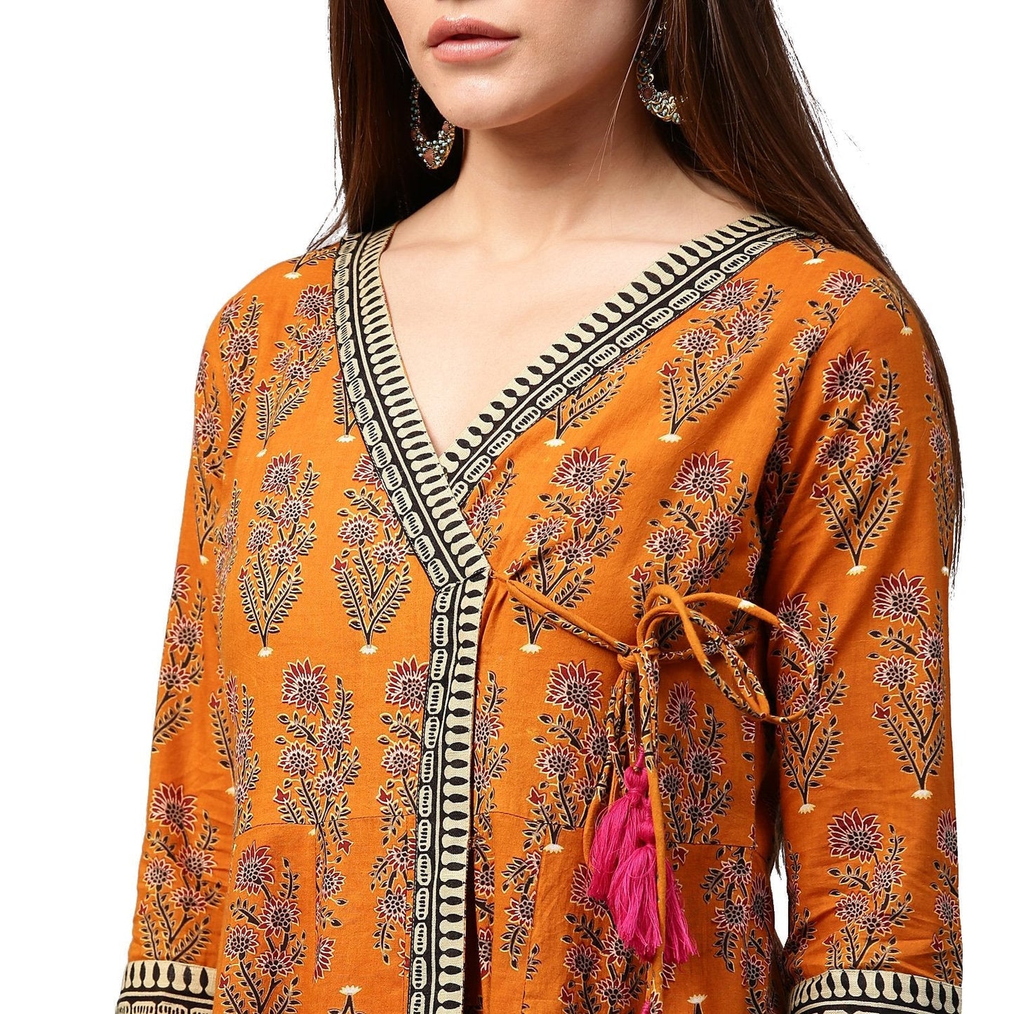 Mustard Printed 3/4Th Sleeve Cotton Angrakha Anarkali Kurta | LASVINI - Redefining Indian Fashion with Elegance
