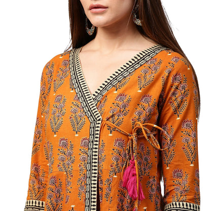 Mustard Printed 3/4Th Sleeve Cotton Angrakha Anarkali Kurta | LASVINI - Redefining Indian Fashion with Elegance