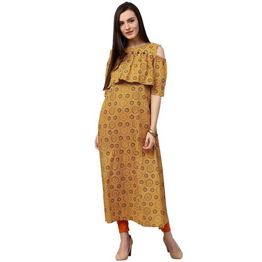 Yellow Printed Sleeveless Cotton A-Line Kurta | LASVINI - Redefining Indian Fashion with Elegance
