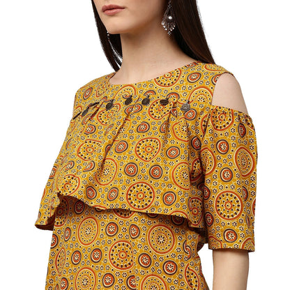 Yellow Printed Sleeveless Cotton A-Line Kurta | LASVINI - Redefining Indian Fashion with Elegance