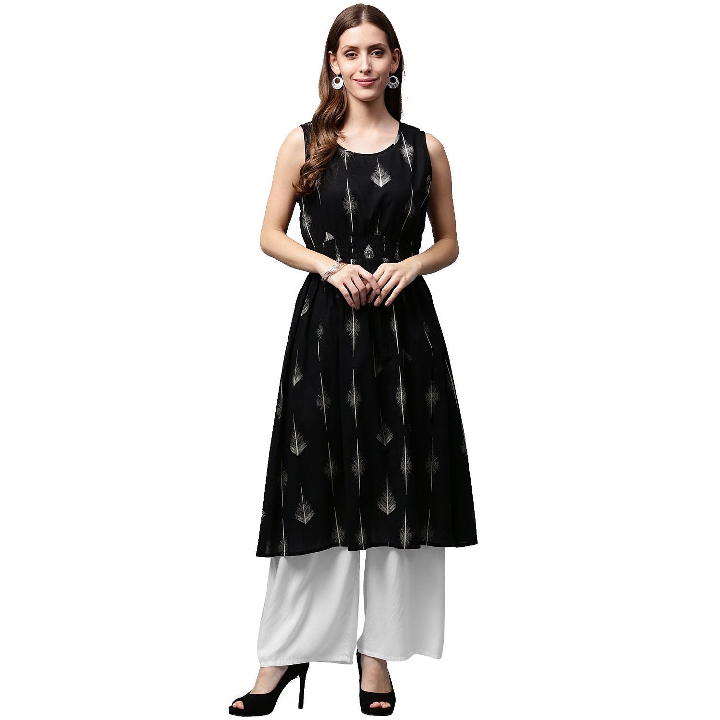 Black Printed Sleeveless Cotton A-Line Kurta | LASVINI - Redefining Indian Fashion with Elegance