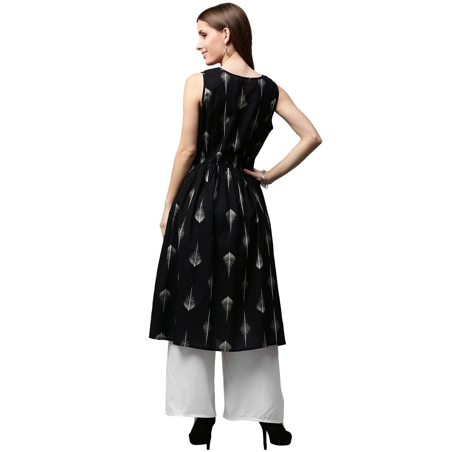 Black Printed Sleeveless Cotton A-Line Kurta | LASVINI - Redefining Indian Fashion with Elegance
