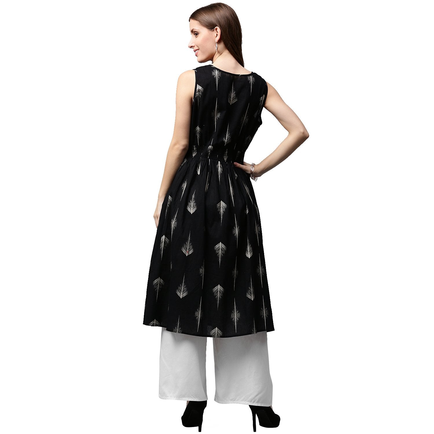 Black Printed Sleeveless Cotton A-Line Kurta | LASVINI - Redefining Indian Fashion with Elegance