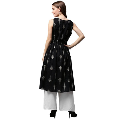 Black Printed Sleeveless Cotton A-Line Kurta | LASVINI - Redefining Indian Fashion with Elegance