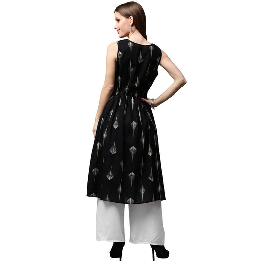Black Printed Sleeveless Cotton A-Line Kurta | LASVINI - Redefining Indian Fashion with Elegance