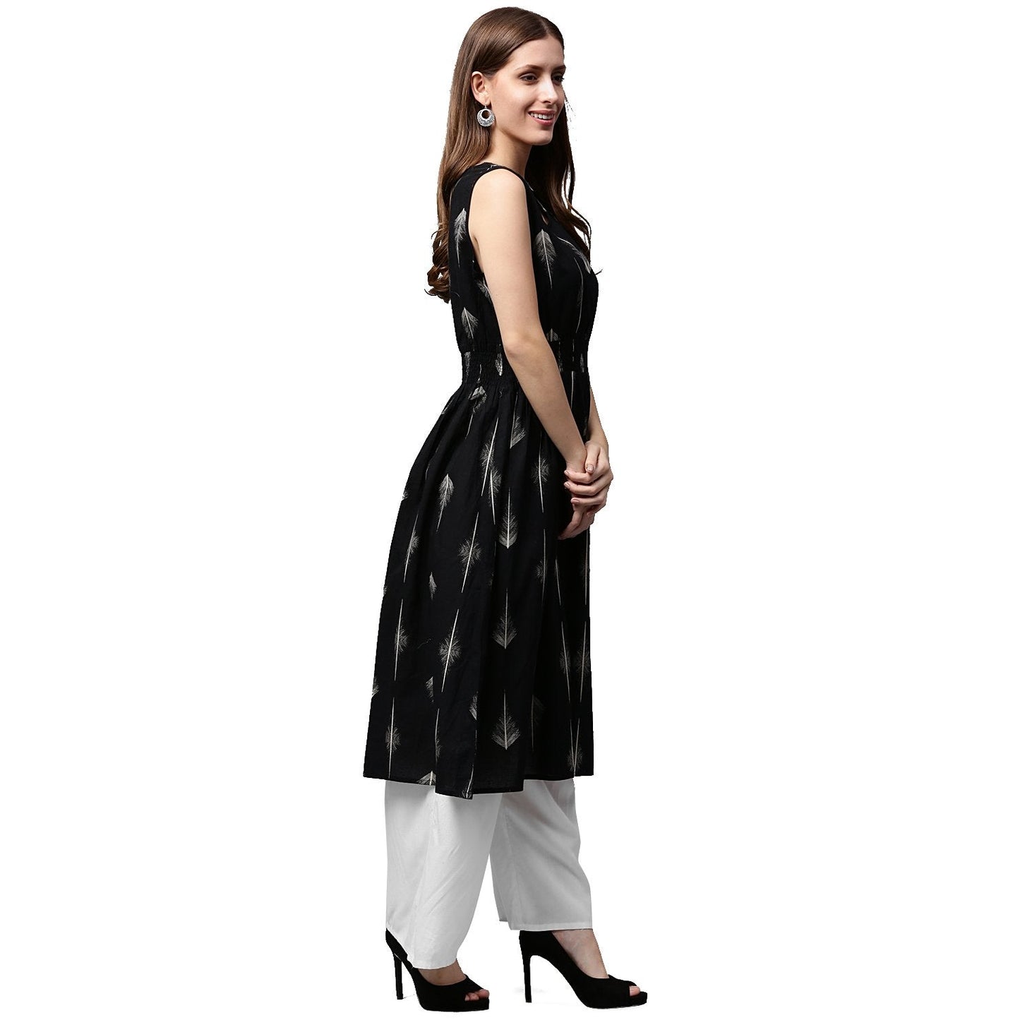 Black Printed Sleeveless Cotton A-Line Kurta | LASVINI - Redefining Indian Fashion with Elegance