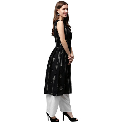 Black Printed Sleeveless Cotton A-Line Kurta | LASVINI - Redefining Indian Fashion with Elegance