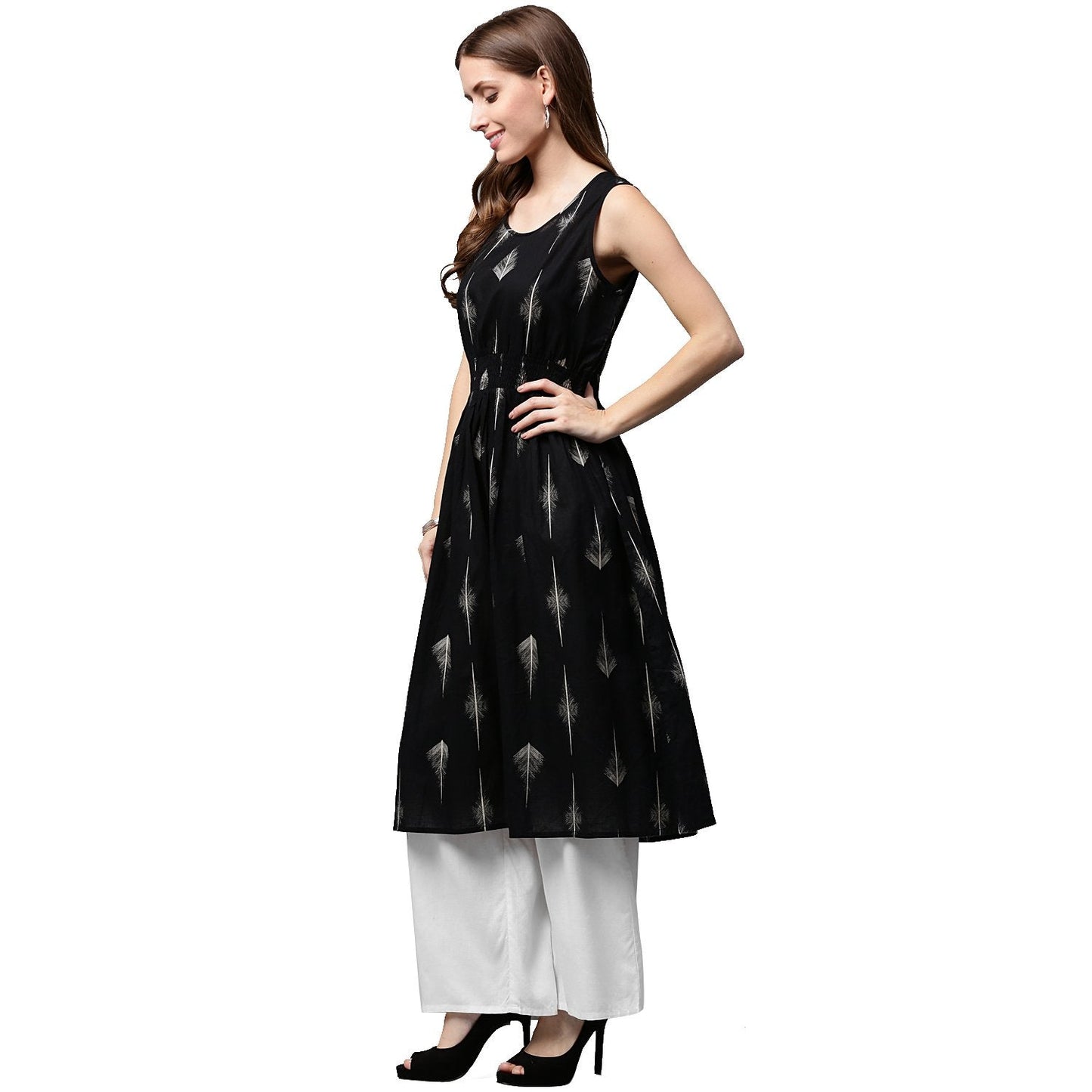 Black Printed Sleeveless Cotton A-Line Kurta | LASVINI - Redefining Indian Fashion with Elegance