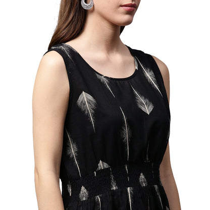 Black Printed Sleeveless Cotton A-Line Kurta | LASVINI - Redefining Indian Fashion with Elegance