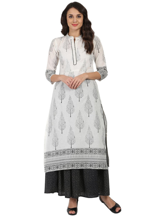 Off White Printed 3/4Th Sleeve Cotton Kurta With Black Printed Skirt | LASVINI - Redefining Indian Fashion with Elegance