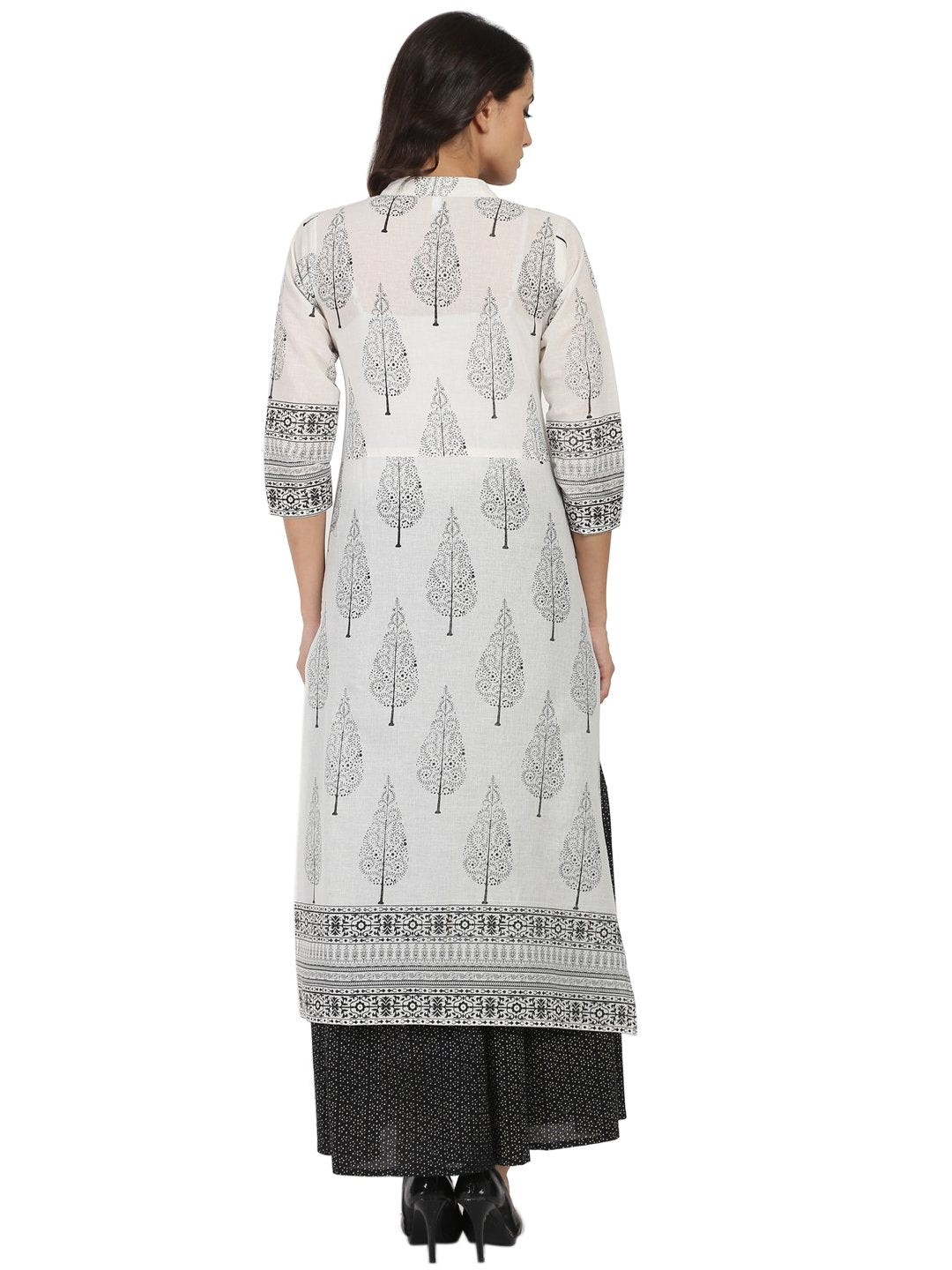 Off White Printed 3/4Th Sleeve Cotton Kurta With Black Printed Skirt | LASVINI - Redefining Indian Fashion with Elegance