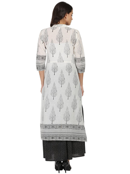 Off White Printed 3/4Th Sleeve Cotton Kurta With Black Printed Skirt | LASVINI - Redefining Indian Fashion with Elegance