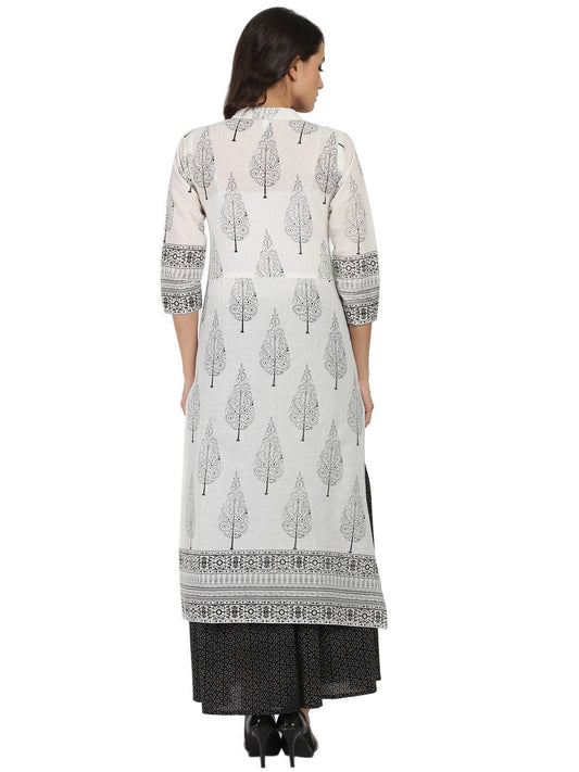 Off White Printed 3/4Th Sleeve Cotton Kurta With Black Printed Skirt | LASVINI - Redefining Indian Fashion with Elegance