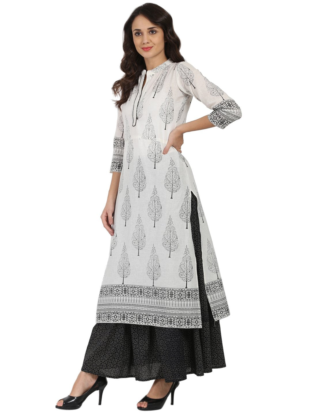 Off White Printed 3/4Th Sleeve Cotton Kurta With Black Printed Skirt | LASVINI - Redefining Indian Fashion with Elegance