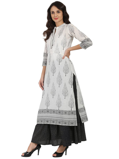 Off White Printed 3/4Th Sleeve Cotton Kurta With Black Printed Skirt | LASVINI - Redefining Indian Fashion with Elegance