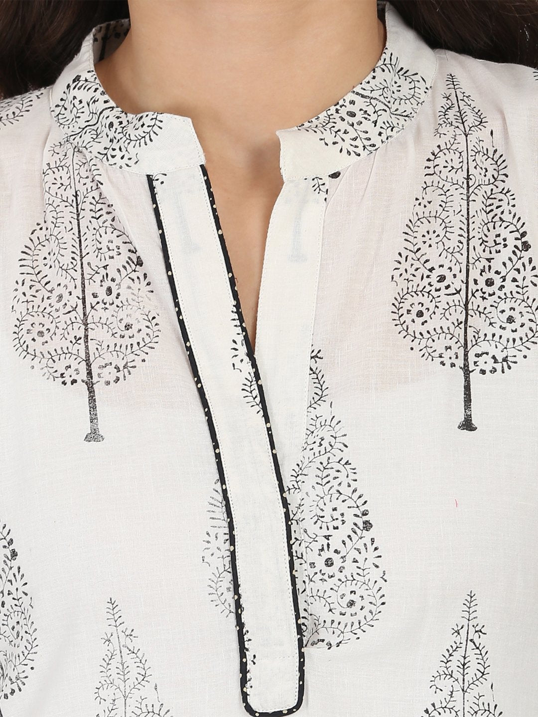 Off White Printed 3/4Th Sleeve Cotton Kurta With Black Printed Skirt | LASVINI - Redefining Indian Fashion with Elegance