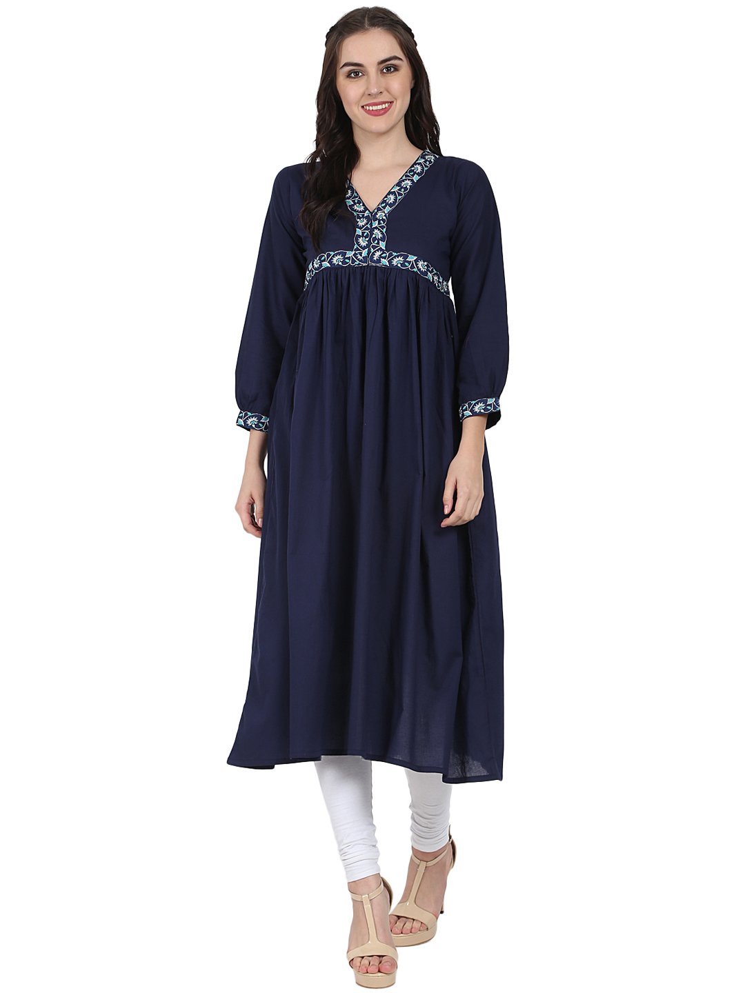 Blue 3/4Th Sleeve Cotton Anarkali Kurta | LASVINI - Redefining Indian Fashion with Elegance