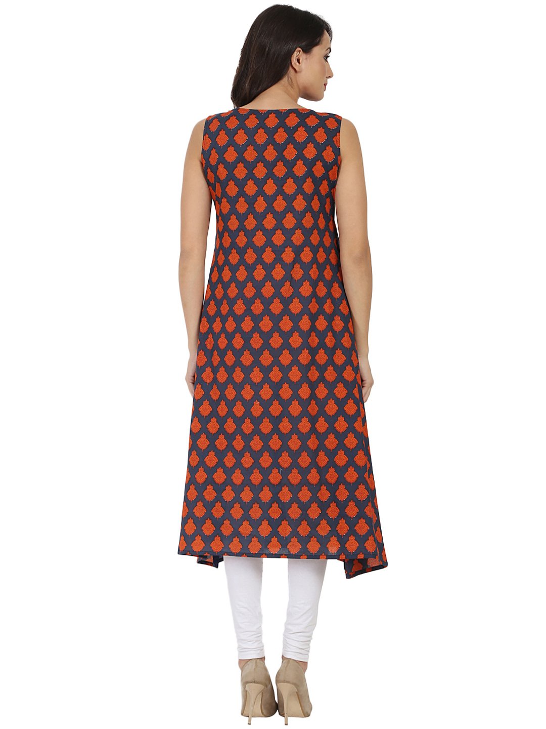 Blue Printed Sleeveless Cotton Angrakha Style Kurta | LASVINI - Redefining Indian Fashion with Elegance