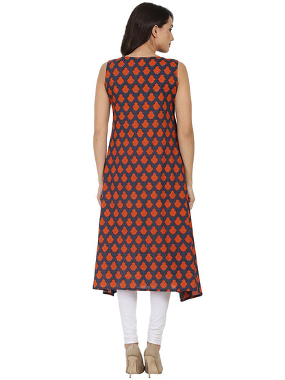 Blue Printed Sleeveless Cotton Angrakha Style Kurta | LASVINI - Redefining Indian Fashion with Elegance