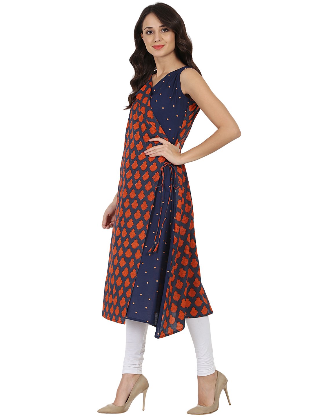 Blue Printed Sleeveless Cotton Angrakha Style Kurta | LASVINI - Redefining Indian Fashion with Elegance