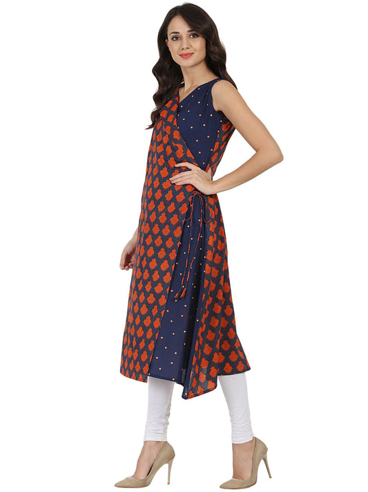 Blue Printed Sleeveless Cotton Angrakha Style Kurta | LASVINI - Redefining Indian Fashion with Elegance