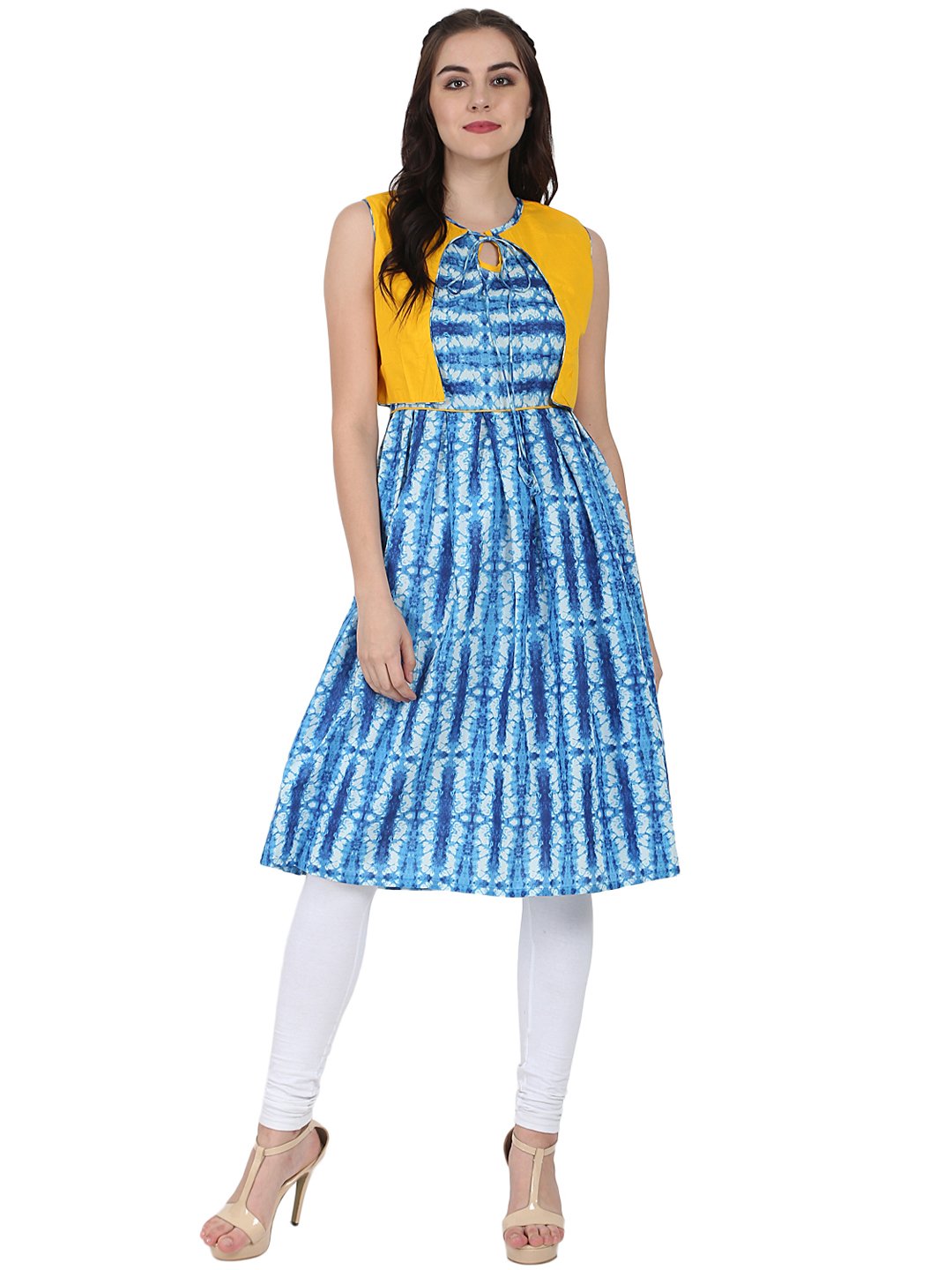 Blue Printed Sleeveless Cotton Anarkali Kurta With Yellow Jacket | LASVINI - Redefining Indian Fashion with Elegance